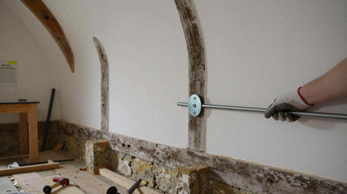 Hand wearing glove holding a metal rod inside a rustic room with exposed wooden beams and stone wall.