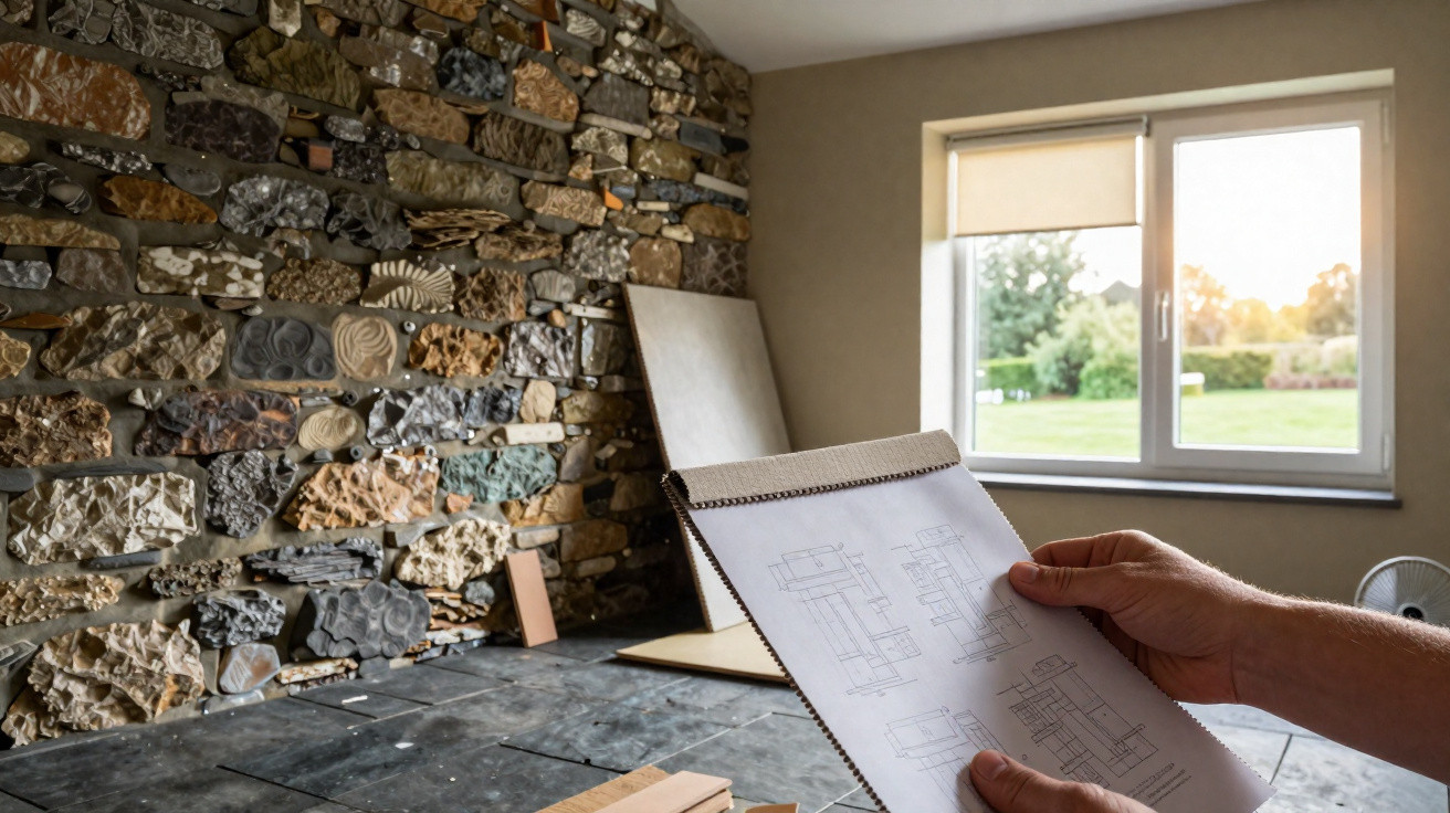 Hands holding architectural plans inside a room with a decorative stone wall and a window showing a garden outside.