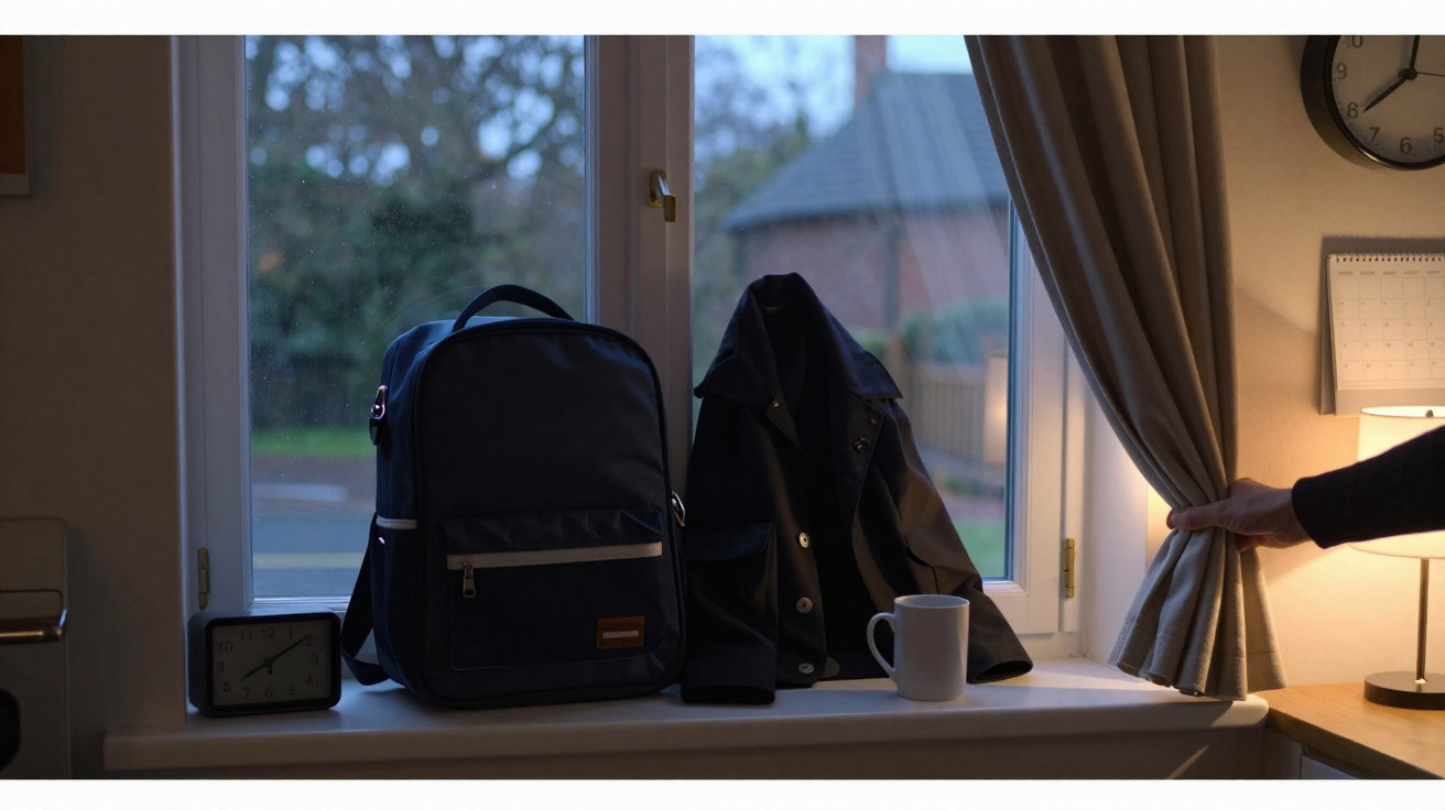 A hand pulling back a curtain beside a window with a backpack, jacket, mug, and clock on the windowsill.