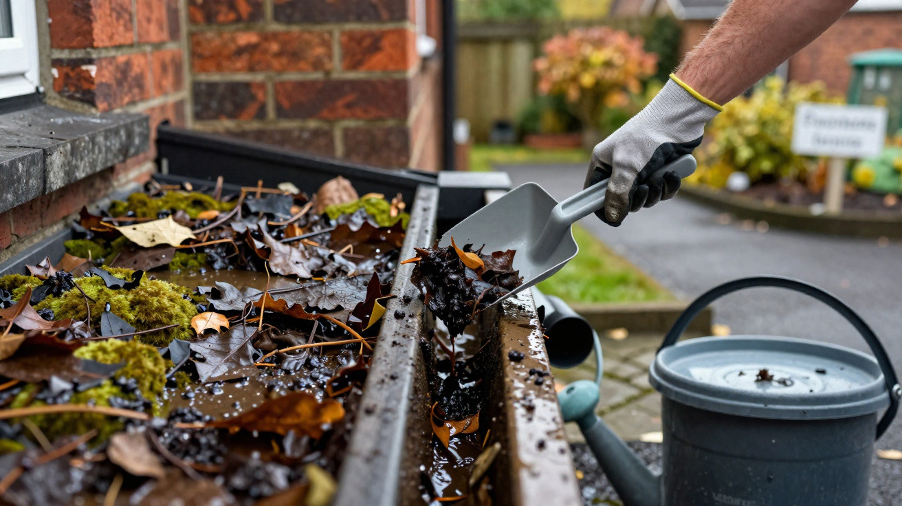 Person wearing gloves scooping wet leaves and debris from a house gutter with a small garden shovel.