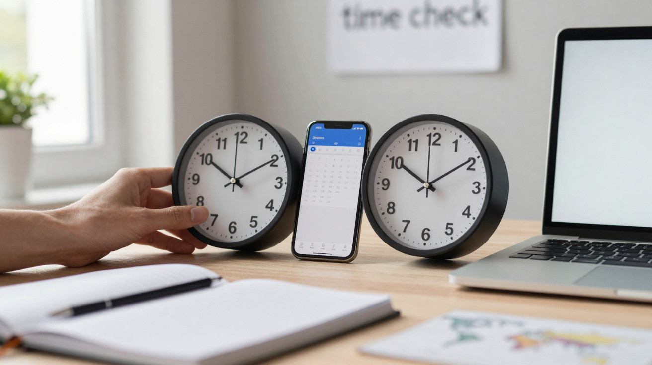 Two black wall clocks showing different times, a smartphone with a calendar app, and a laptop on a wooden desk.