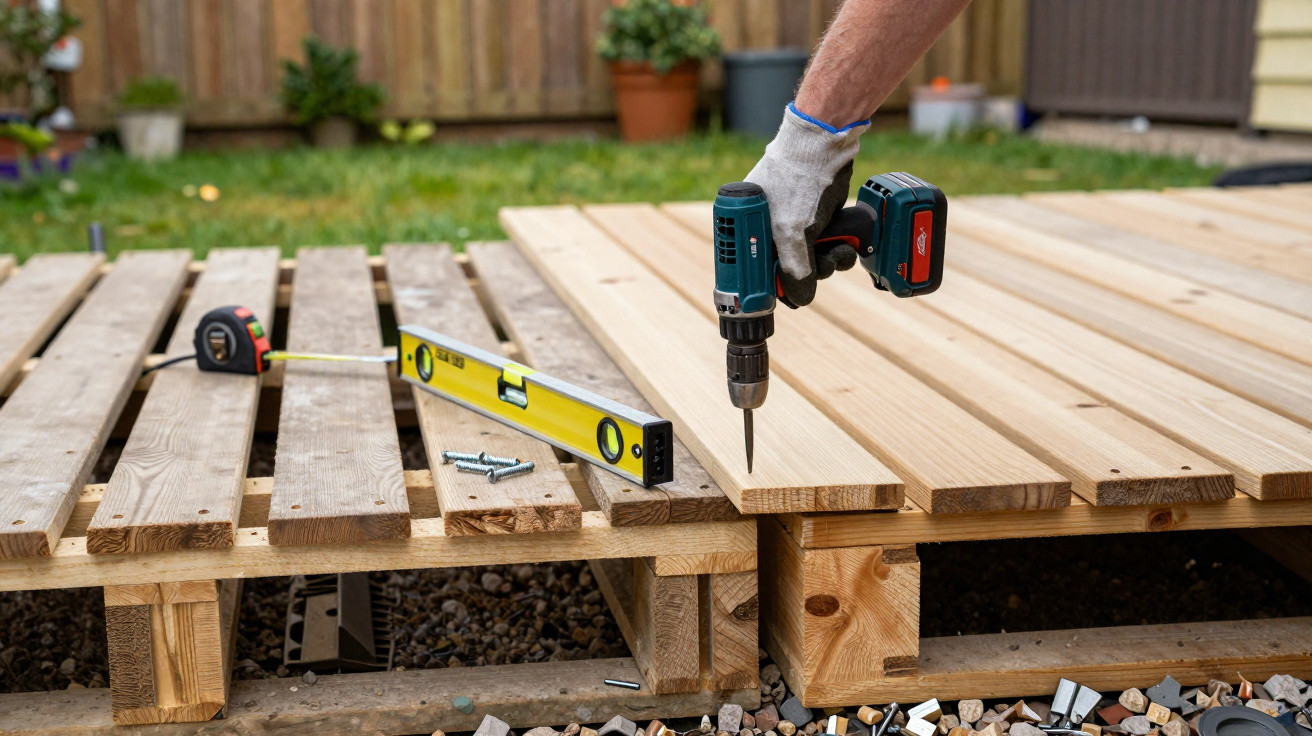 Person wearing a glove using a cordless drill to fix wooden planks for decking in a garden.