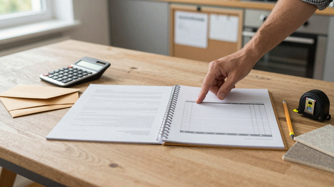 Hand pointing at spreadsheet in open document on wooden table with calculator, envelopes, and stationery.