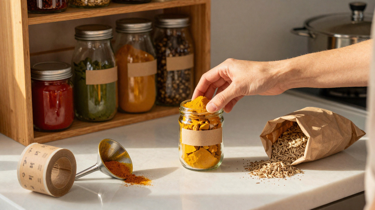 Hand placing turmeric powder into a glass jar on a kitchen counter with spices and seeds nearby.