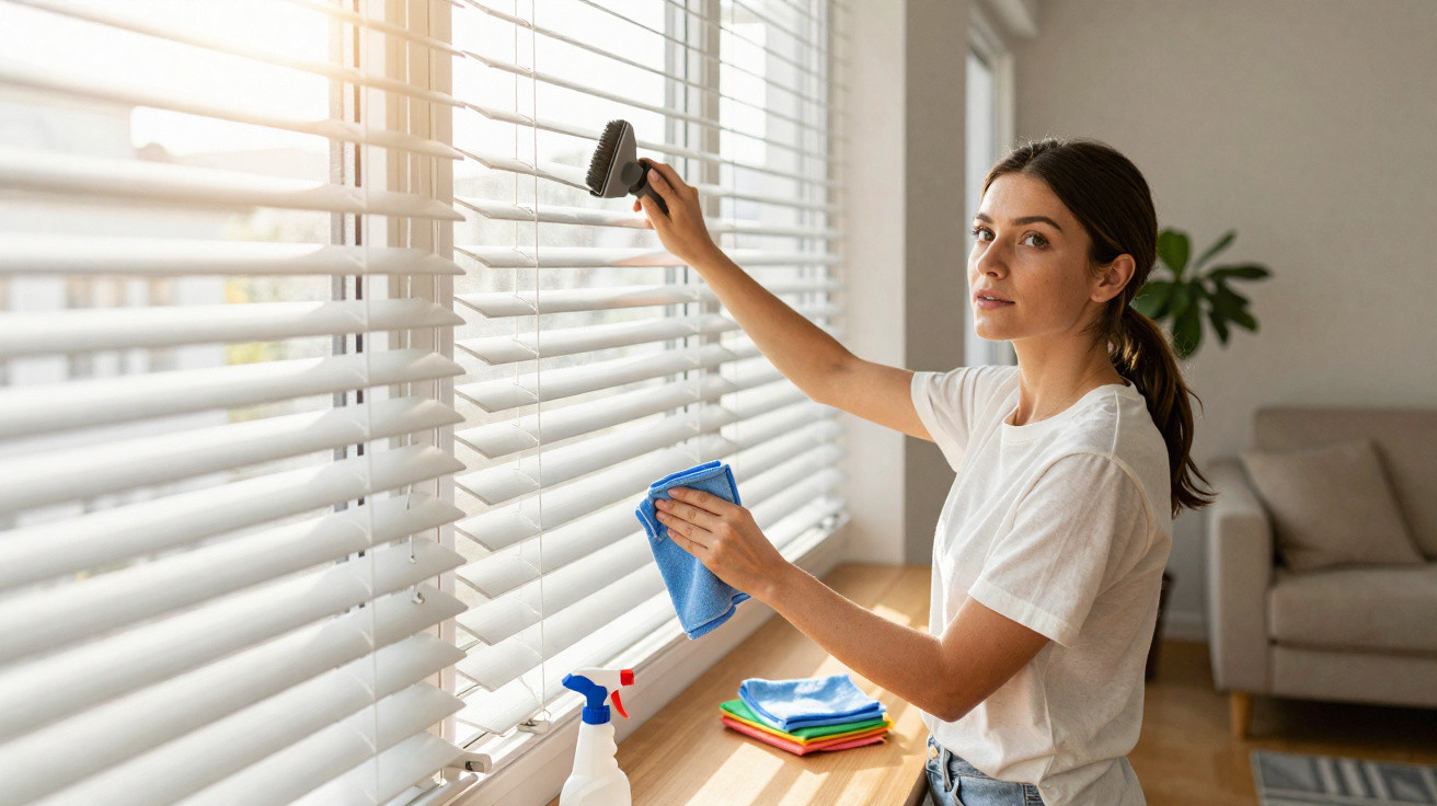 Woman cleaning white window blinds with brush and cloth in bright living room.