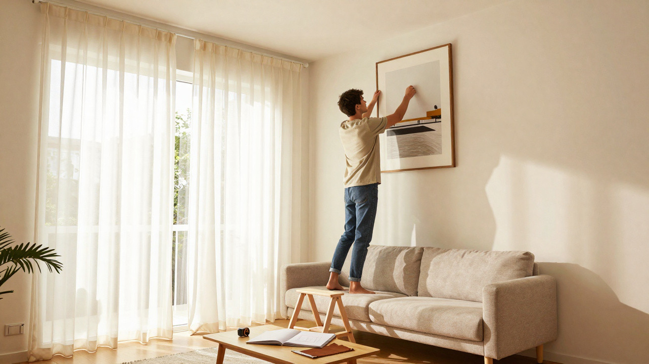 Boy standing barefoot on a couch adjusting a framed picture in a bright living room with sheer curtains.