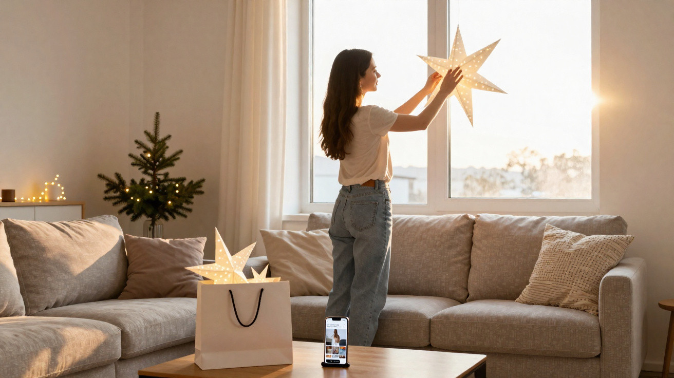 Woman decorating a cosy living room with illuminated star lights near a large window at sunset.