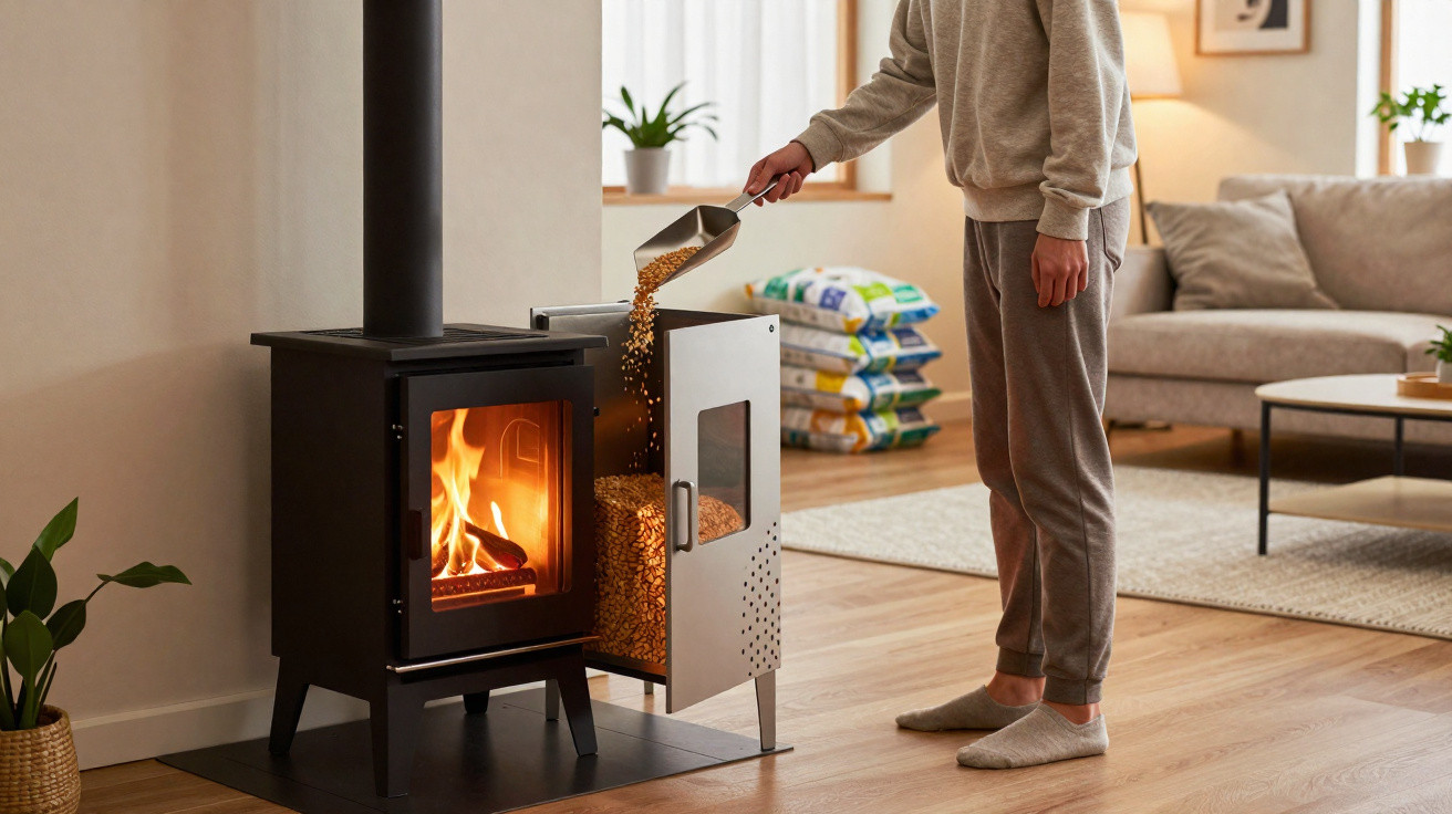 Person pouring wood pellets into a black pellet stove in a cosy living room.