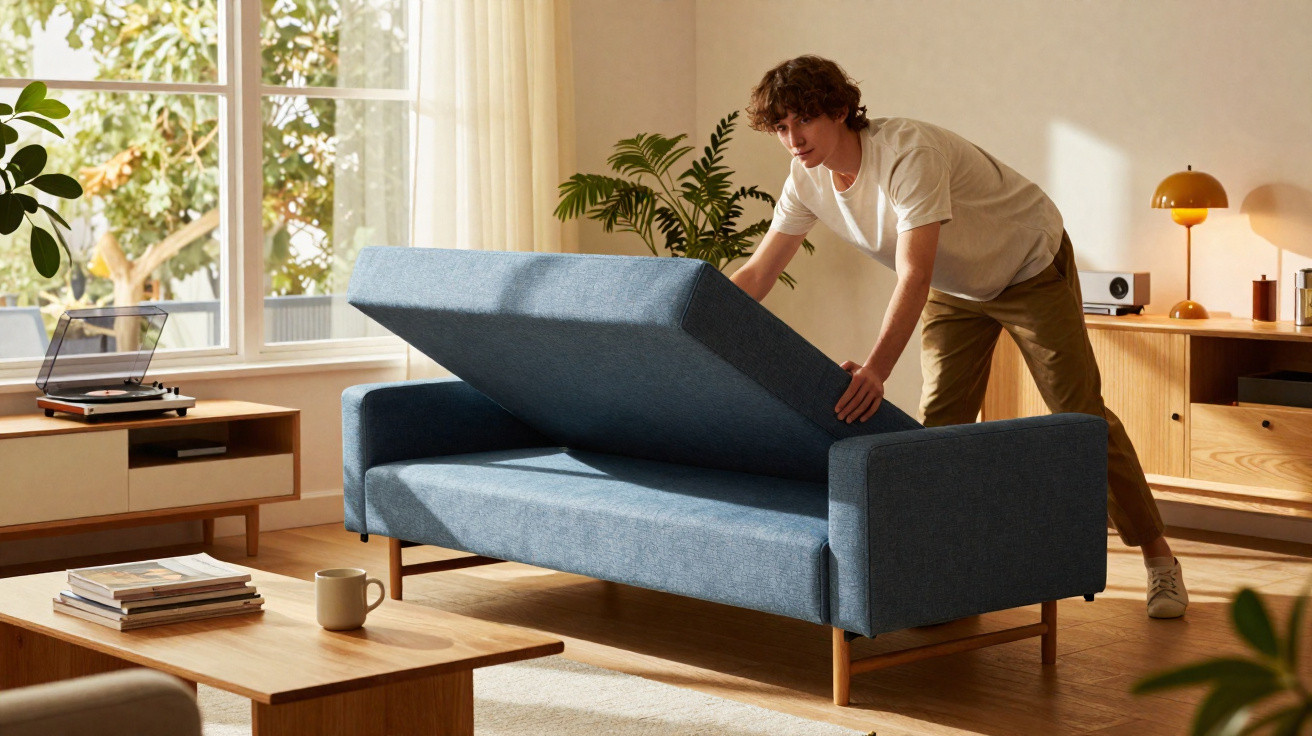 Young man lifting the seat of a modern blue sofa in a sunlit living room with wooden furniture.