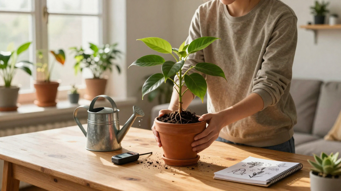 Person repotting a green houseplant on a wooden table with a watering can and botanical sketches nearby