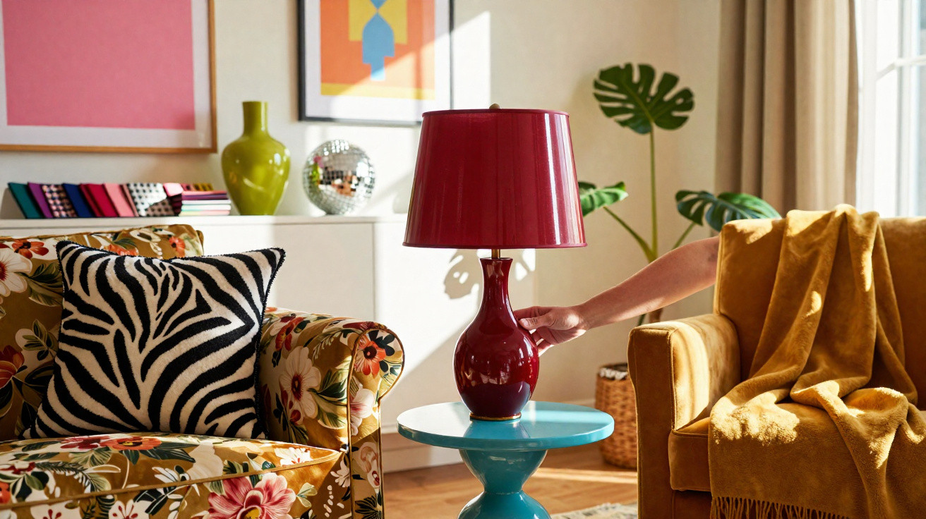 Living room with floral and mustard armchairs, teal side table, red lamp, and decorative cushions and plants.