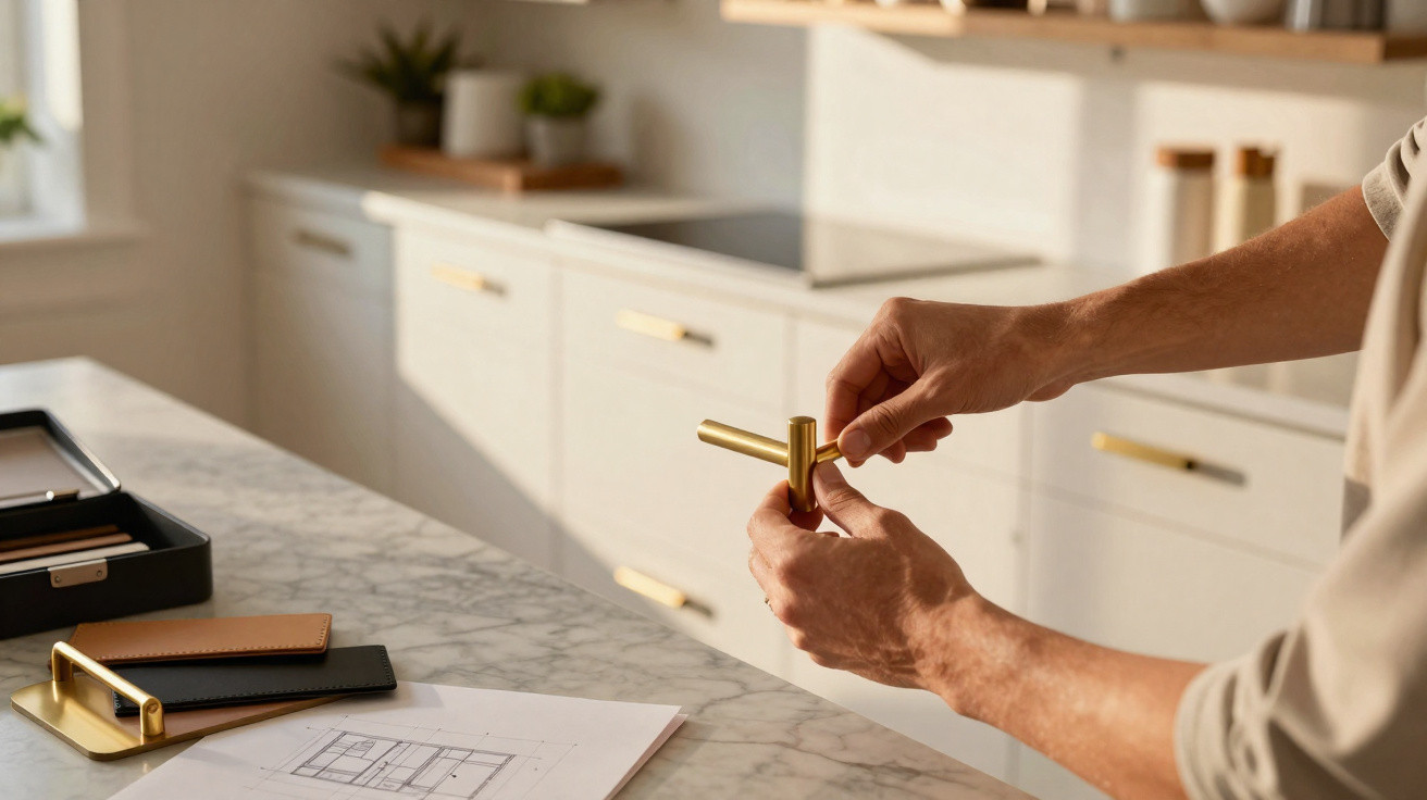 Person holding a brass cabinet handle over a marble countertop with design plans and samples nearby in a kitchen.