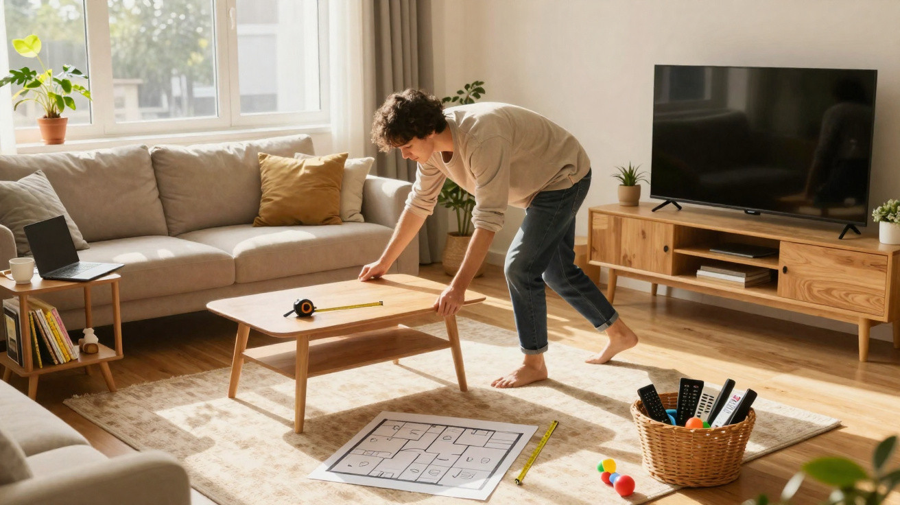 Person adjusting a wooden coffee table in a bright living room with a floor plan on the carpet.