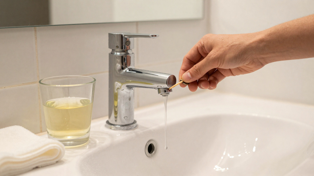 Hand holding a matchstick lighting a drop of water from a modern chrome tap over a white bathroom sink.