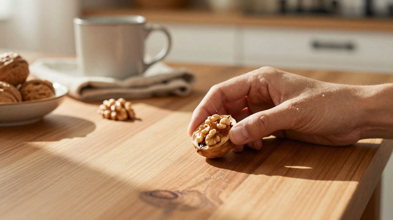 Hand holding half a walnut with more walnuts and a mug blurred in the background on a wooden table.