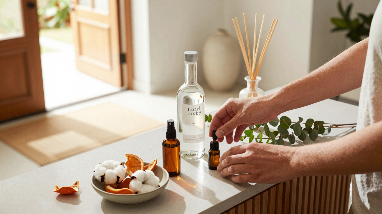 Hands arranging essential oil bottles on a kitchen counter with a bowl of cotton and dried orange slices nearby.