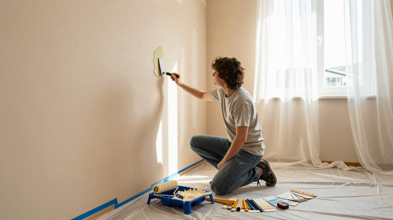 Man kneeling and patching a hole in a beige wall inside a bright room with painting tools around him.