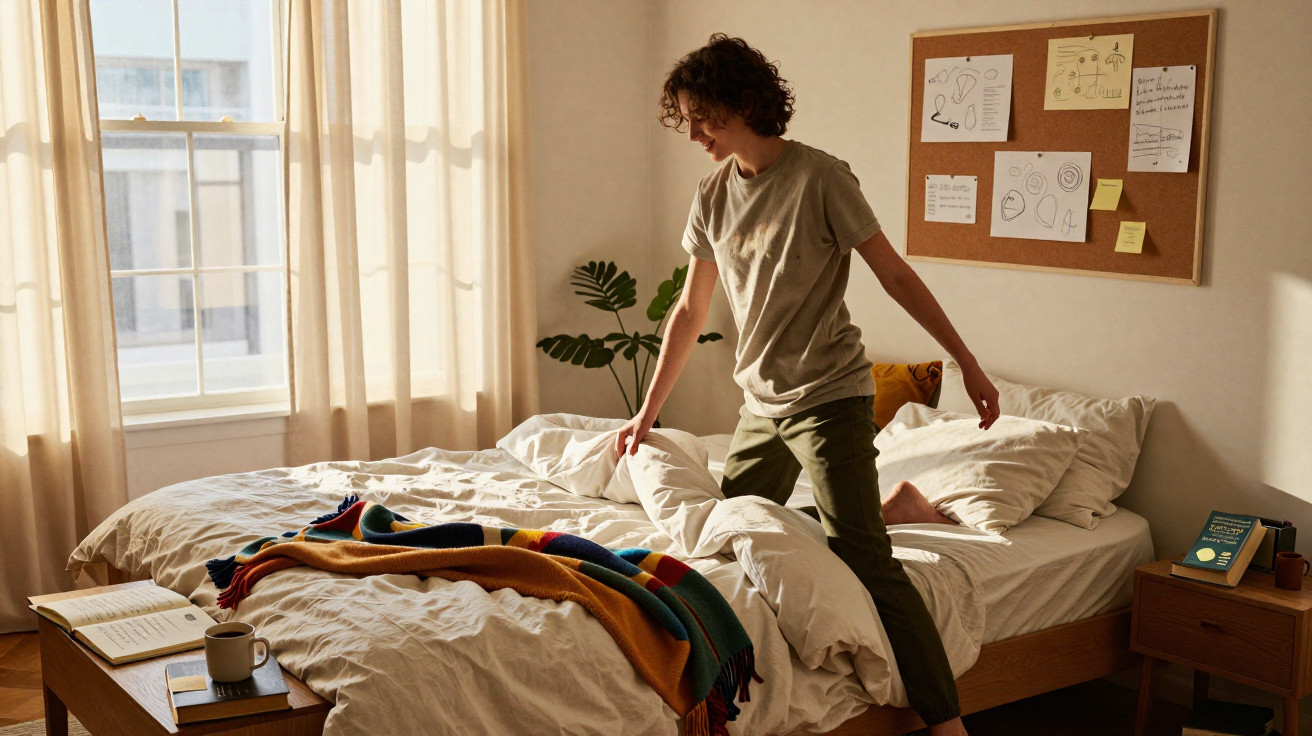 Young person making a bed in a sunlit bedroom with a bulletin board and books nearby