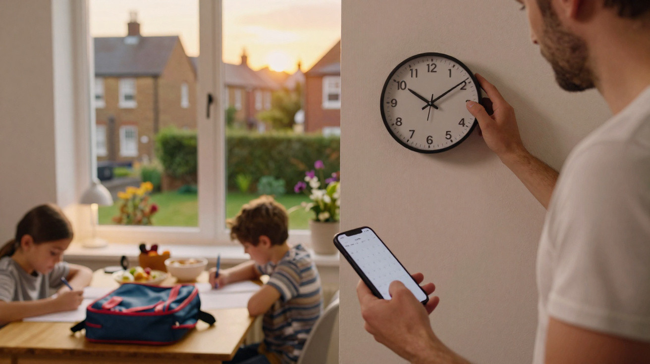 Man checking clock on wall while children do homework at table near window in evening light