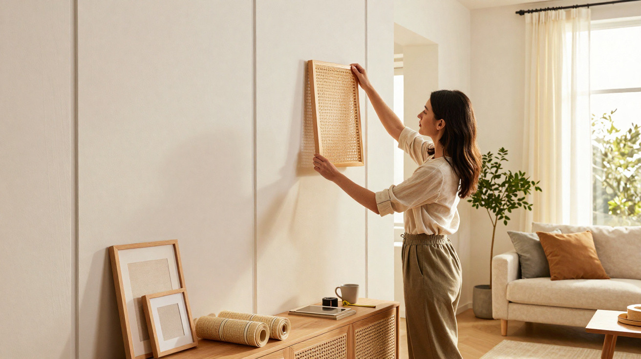 Woman hanging woven wall art in a bright, neutral-toned living room with modern decor and natural light.