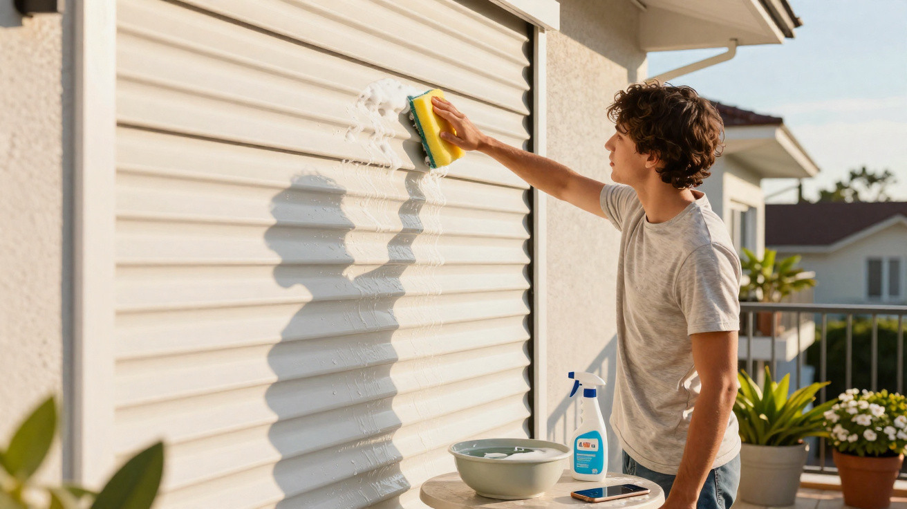 Young man cleaning a white roller shutter with a sponge on a sunny balcony.