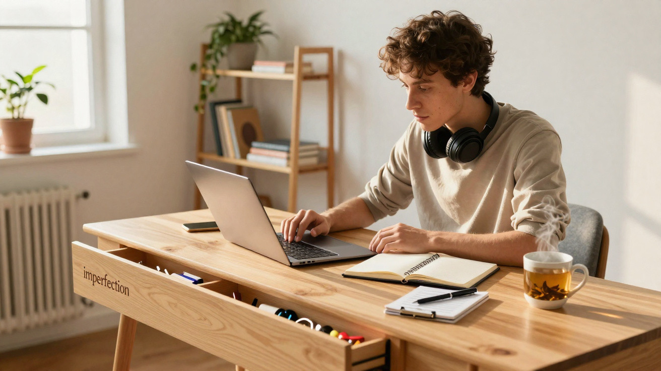 Young man with headphones working on a laptop at a wooden desk with tea and a notebook in a bright room