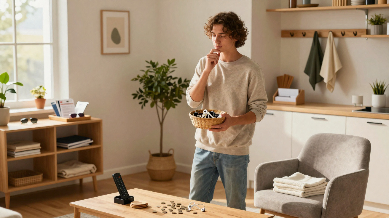 Young man standing in a cosy living room holding a basket of TV remotes, looking thoughtful.