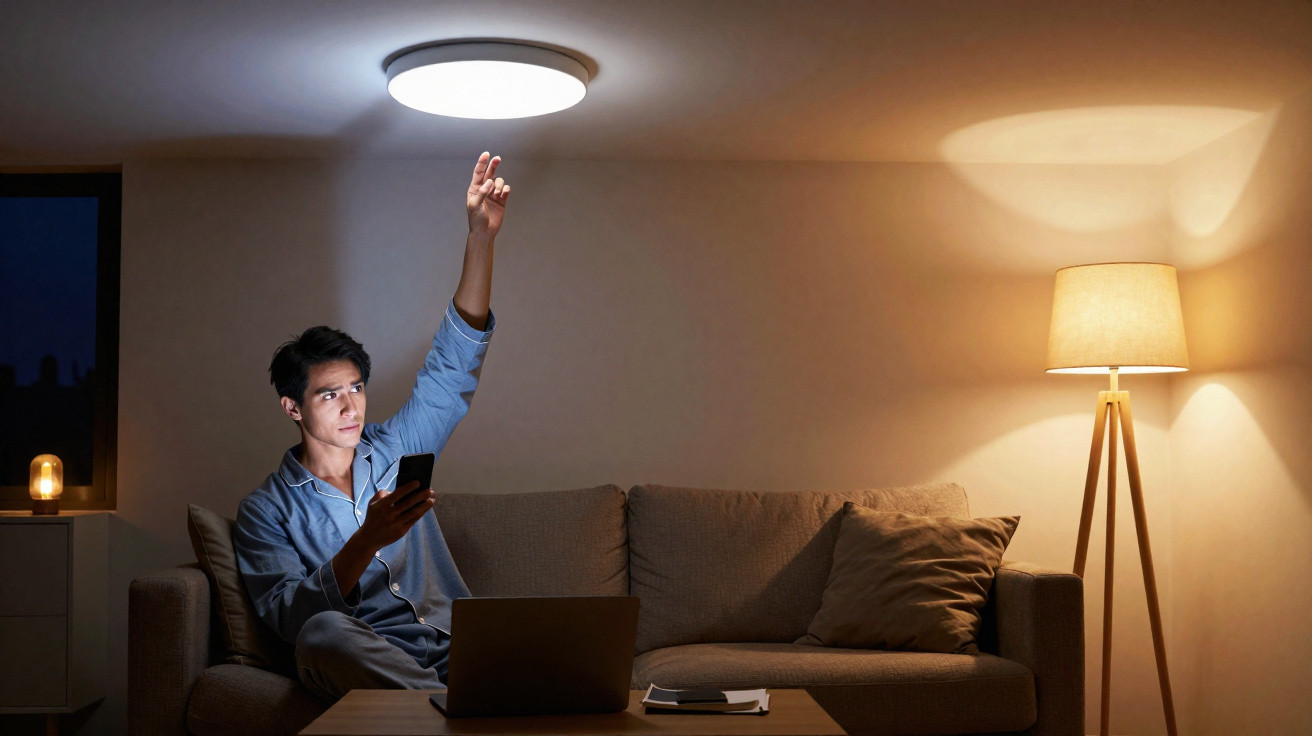 Man in pajamas reaching to turn on ceiling light while holding phone, sitting on sofa with laptop on table.