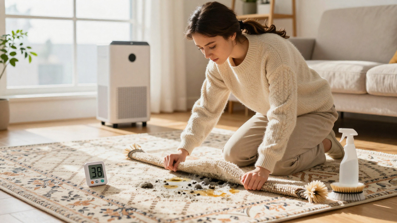 Woman lifting corner of patterned rug to clean spilled dirt and liquid in bright living room.