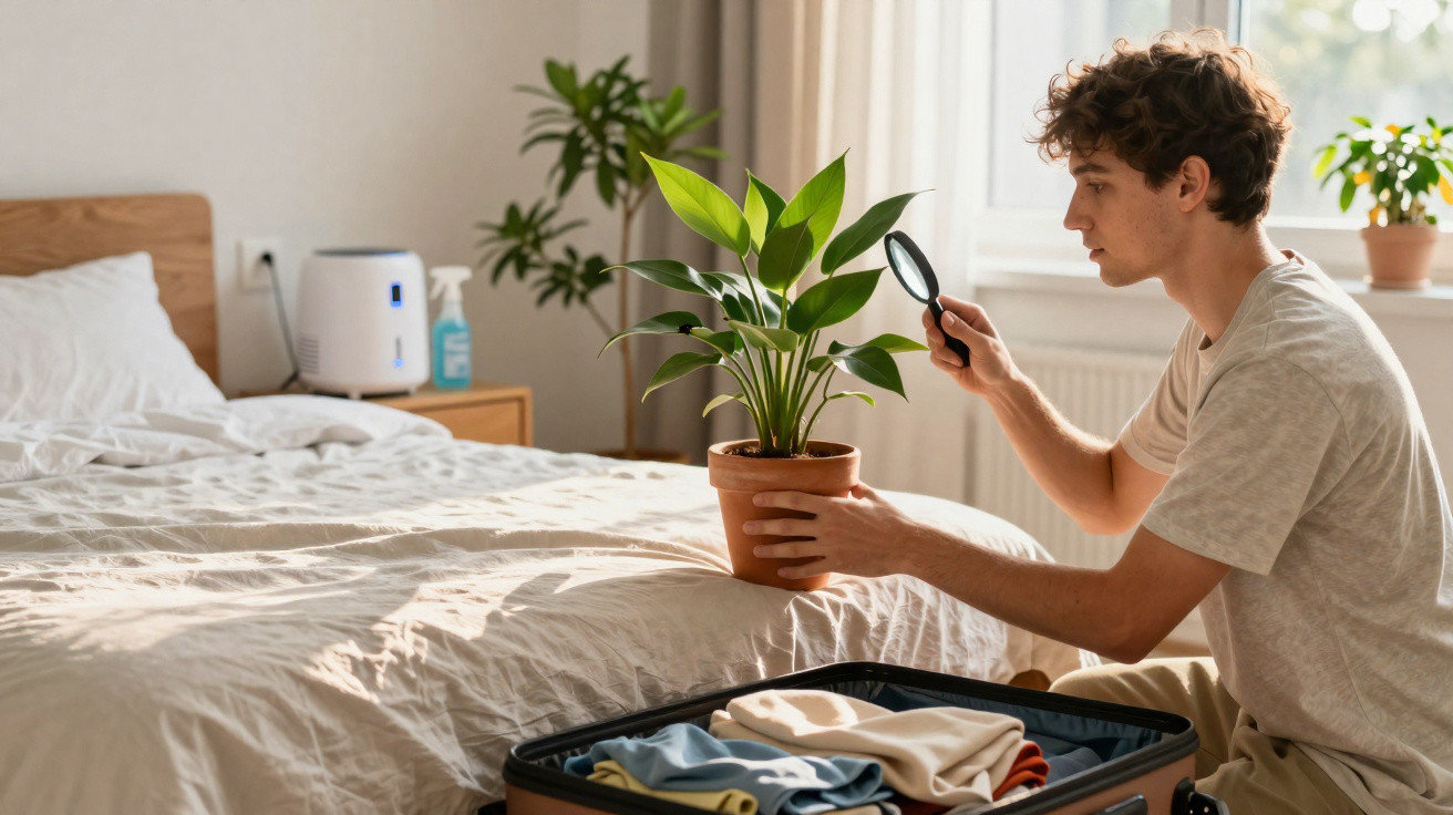 Young man examining a potted plant with a magnifying glass beside an open suitcase on a bed.