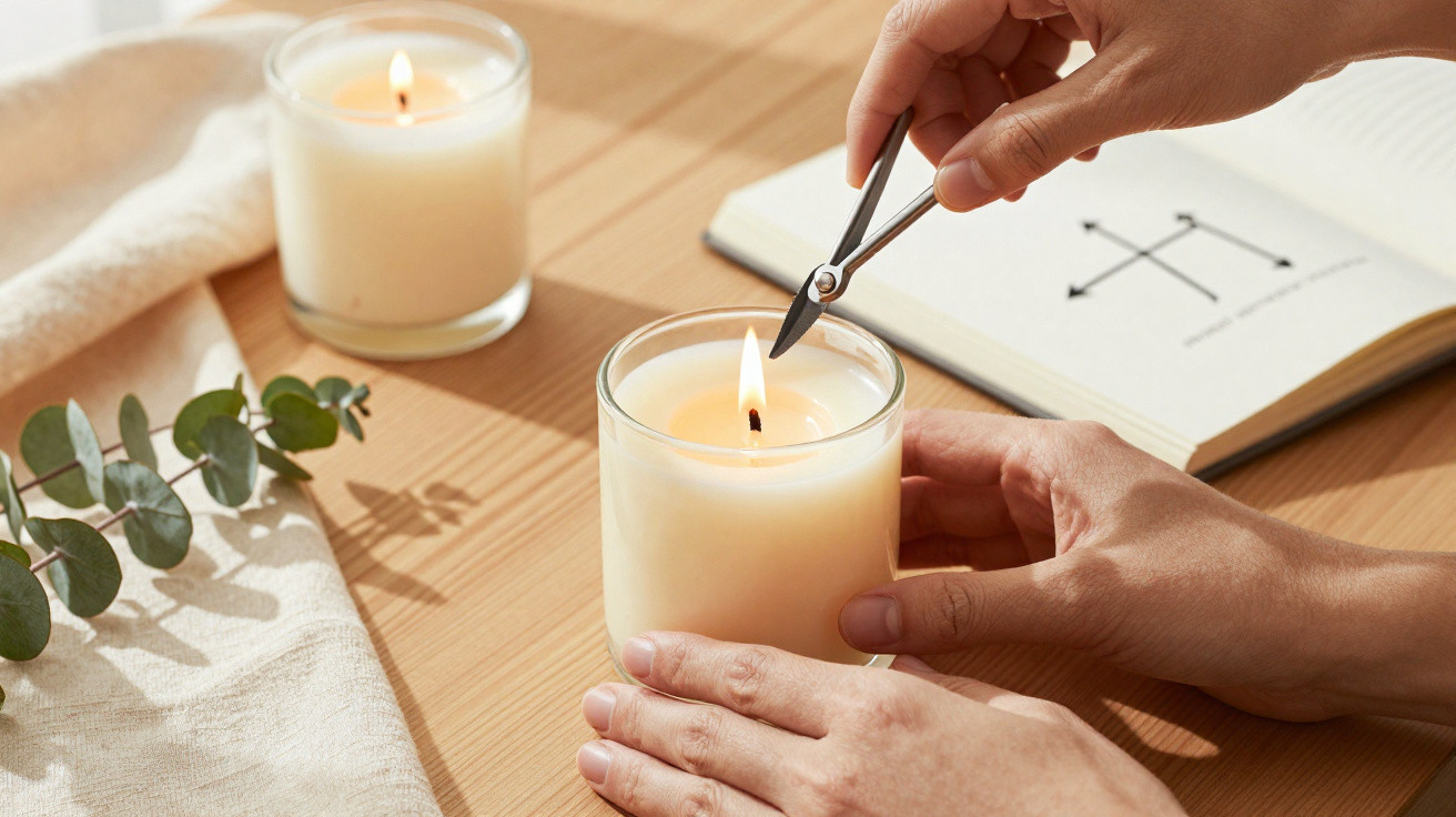 Hands trimming the wick of a lit white candle with wick scissors on a wooden surface near a book and eucalyptus leaves.