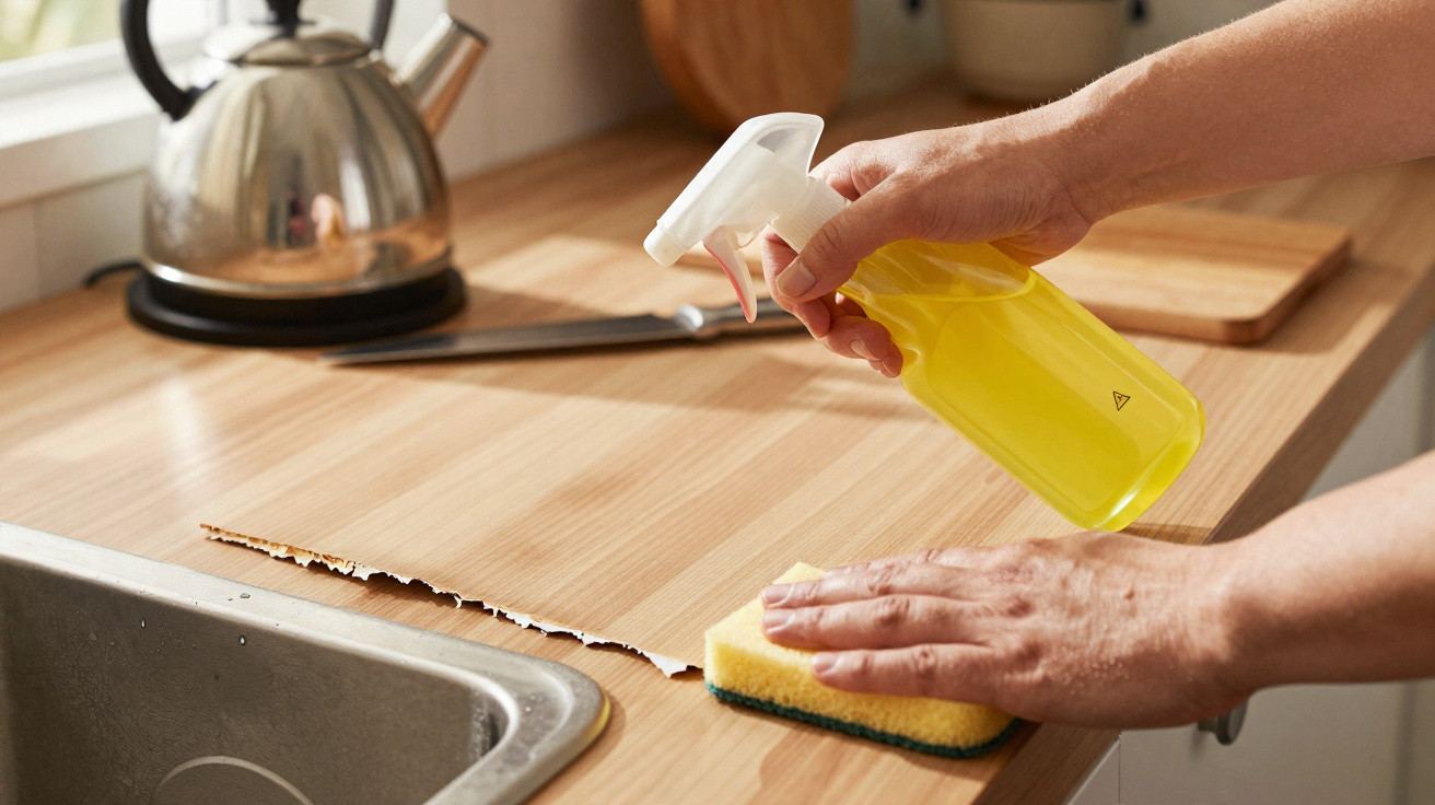 Hands cleaning damaged wooden kitchen countertop with yellow spray bottle and sponge near stainless steel sink