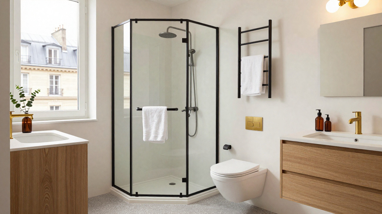 Modern bathroom with glass shower enclosure, wooden vanity units, wall-mounted toilet, and gold fixtures.
