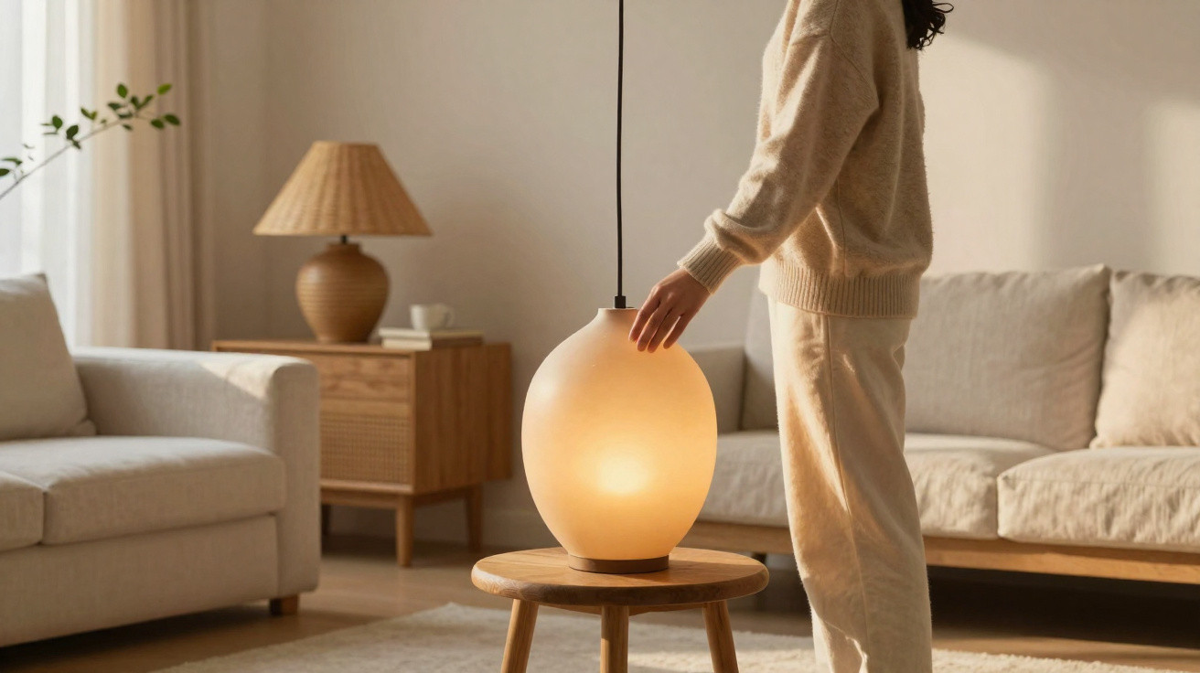 Person adjusting a glowing pendant lamp on a wooden stool in a cosy beige living room.