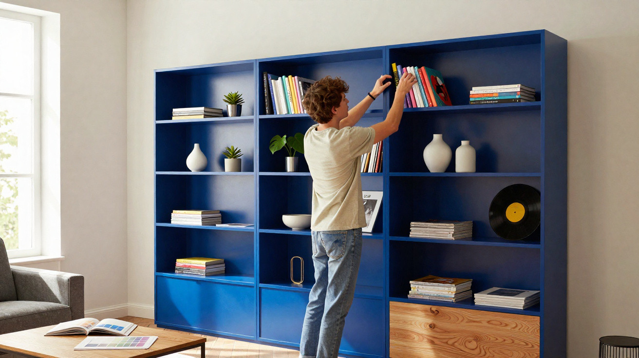 Person arranging books on a large blue bookshelf in a bright, modern living room.