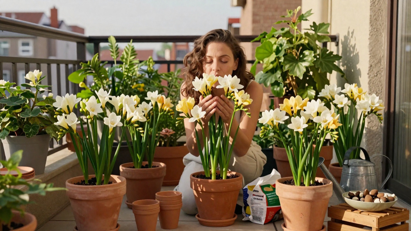 Woman smelling daffodils on a sunny balcony surrounded by potted plants and gardening supplies.