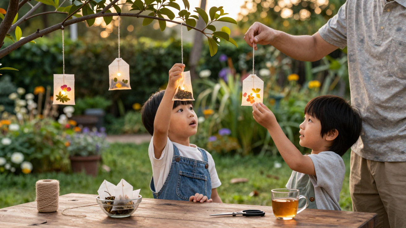 Two children with an adult hang handmade lanterns with flowers from a tree branch in a garden at sunset.