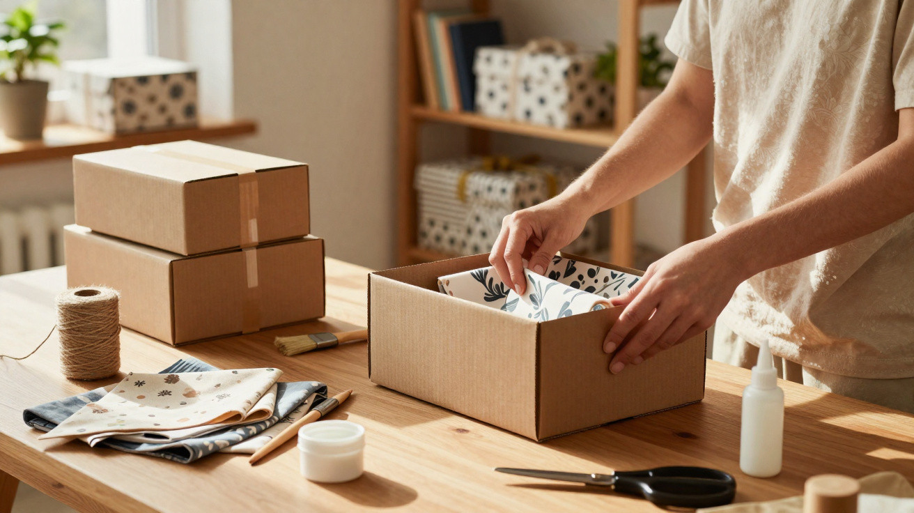 Person packing decorative paper into a cardboard box on a wooden table with packing supplies nearby.