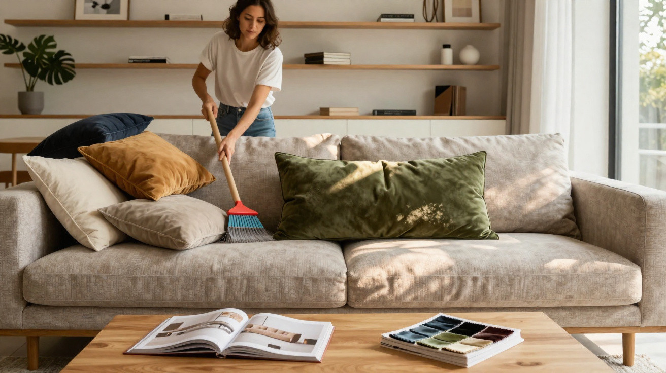 Woman sweeping sofa cushions in a bright living room with books and fabric samples on the coffee table.