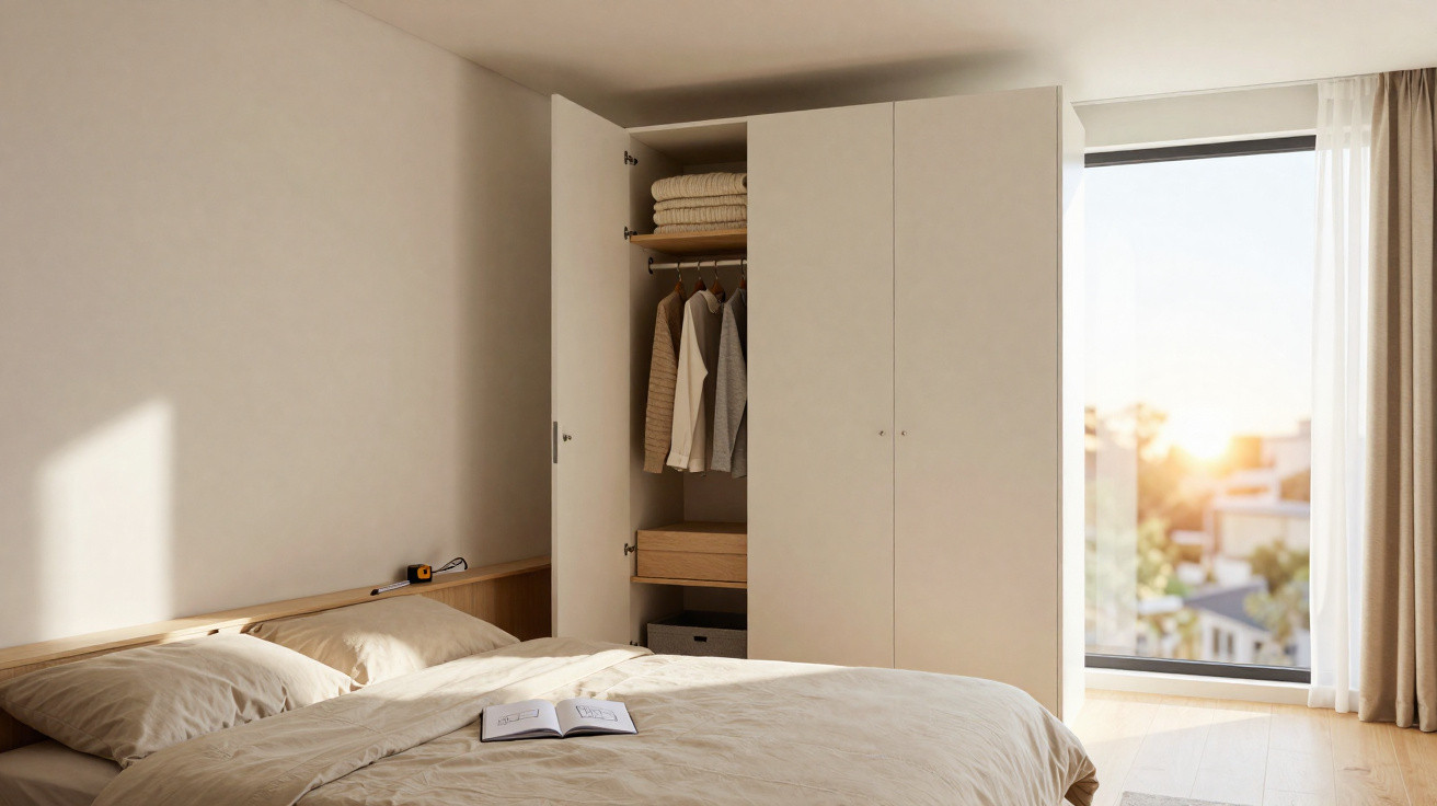 Bright bedroom with beige bedding, open wardrobe with clothes, and large window showing a sunset view.