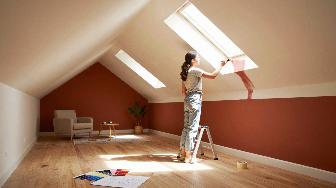 Woman painting attic wall red near skylight, with colour swatches and furniture in bright room