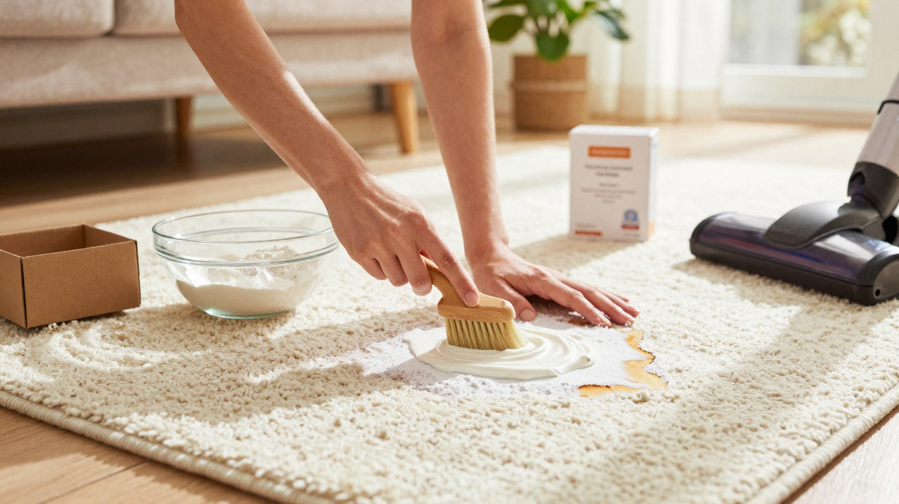Person using a brush to clean a liquid spill on a beige carpet with cleaning powder and vacuum nearby.