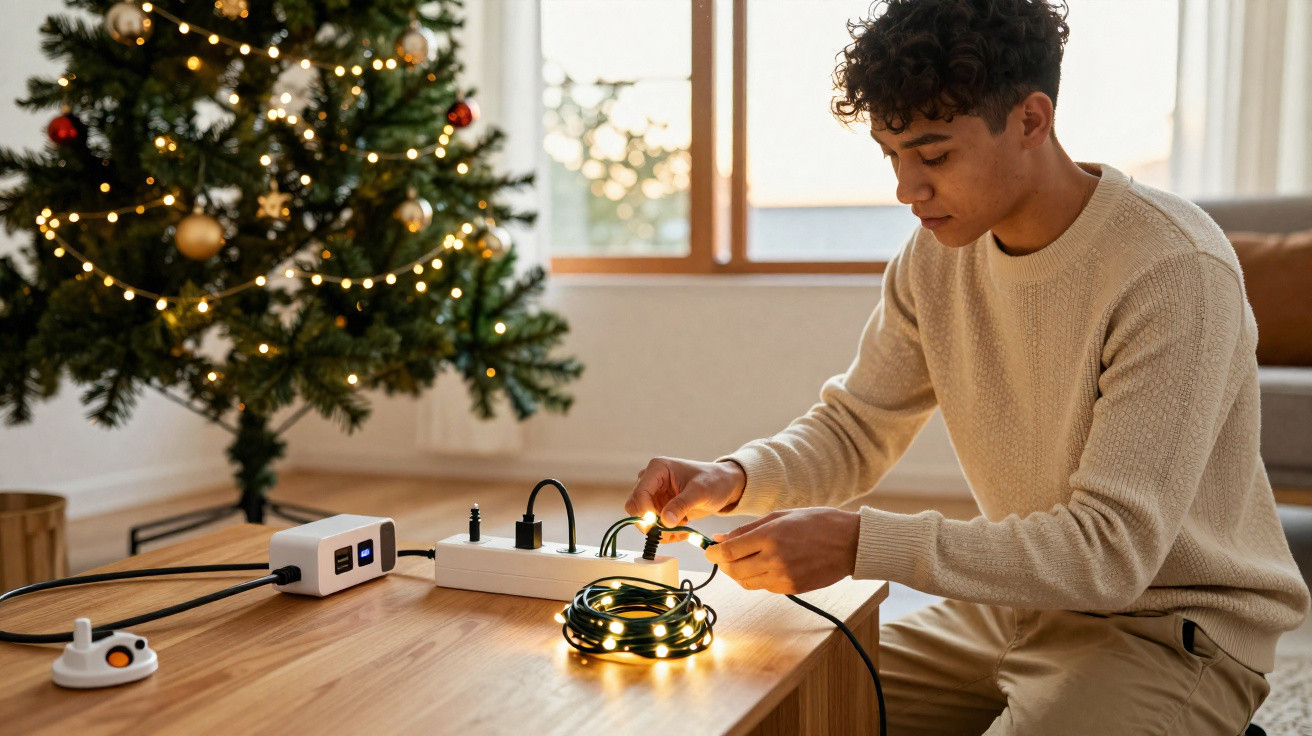 Young man sitting at wooden table plugging in Christmas fairy lights with decorated tree in background.