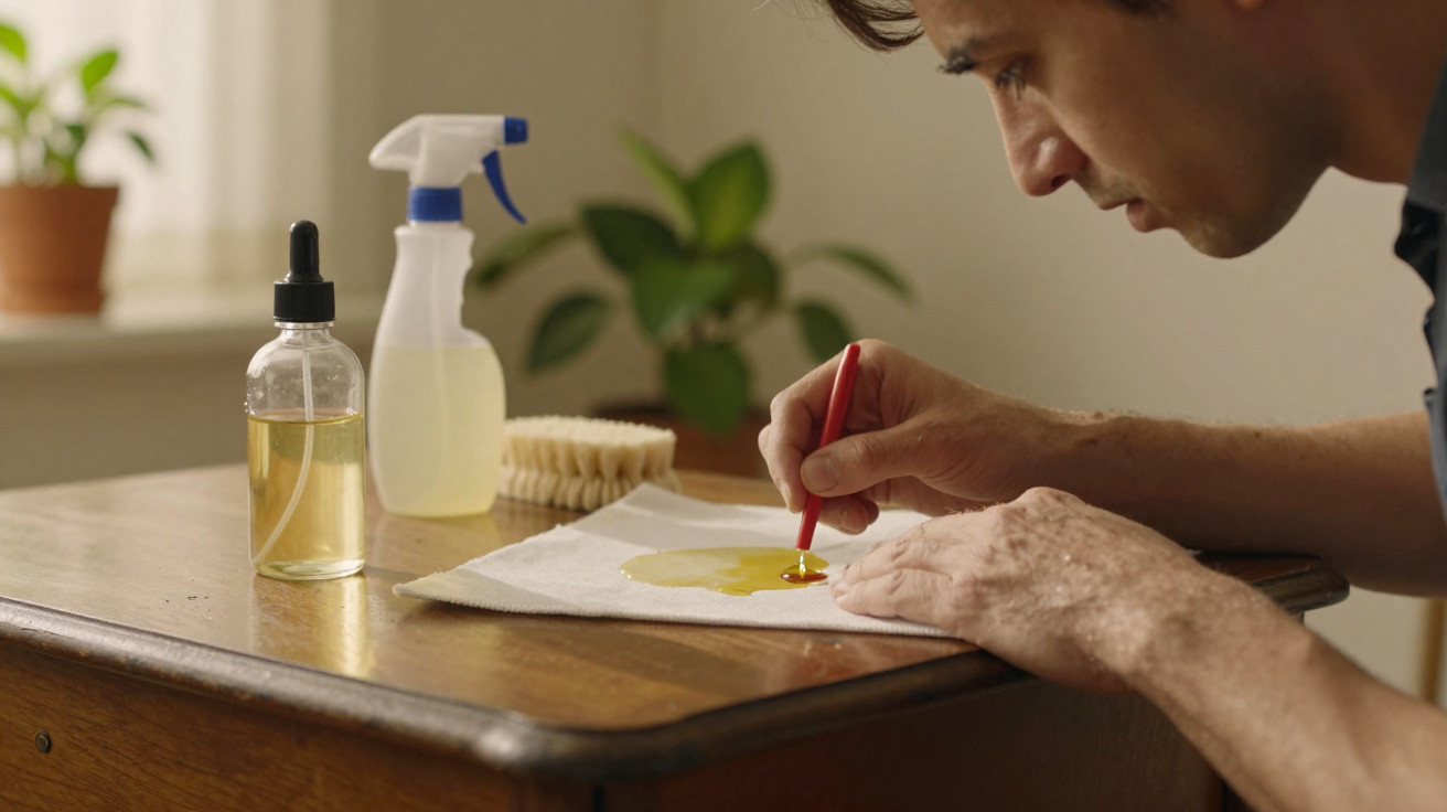 Person carefully applying oil with a small brush on a wooden surface indoors near cleaning supplies.