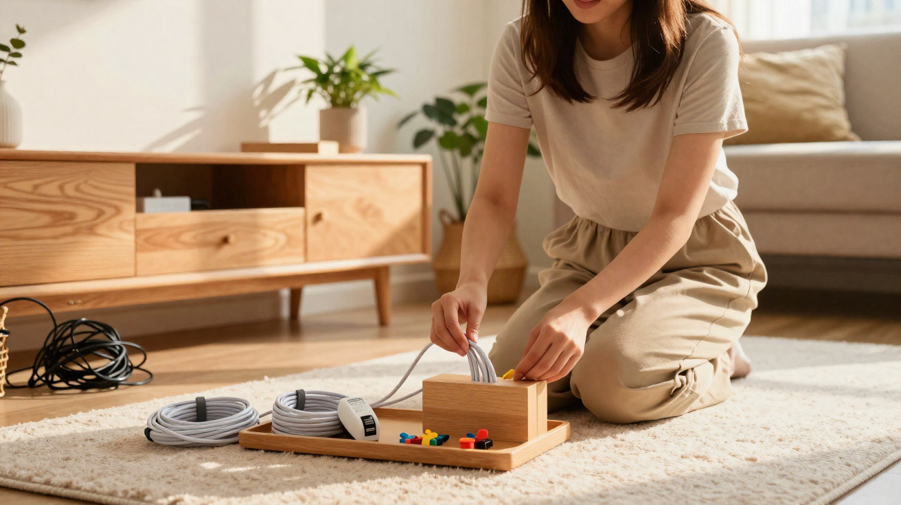 Person kneeling on a carpet organising cable wires into a wooden box in a bright living room.