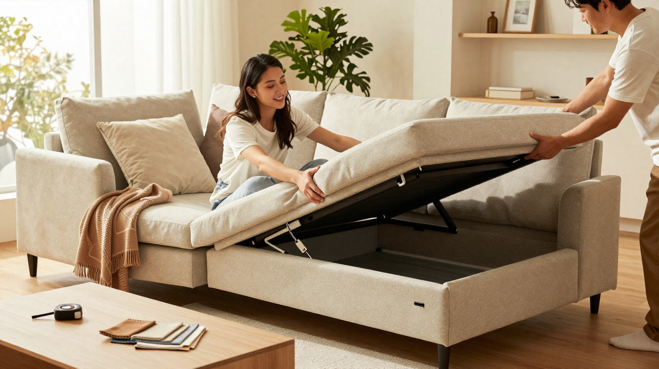 Couple opening storage compartment under beige sofa in bright living room with plants and wooden shelves.