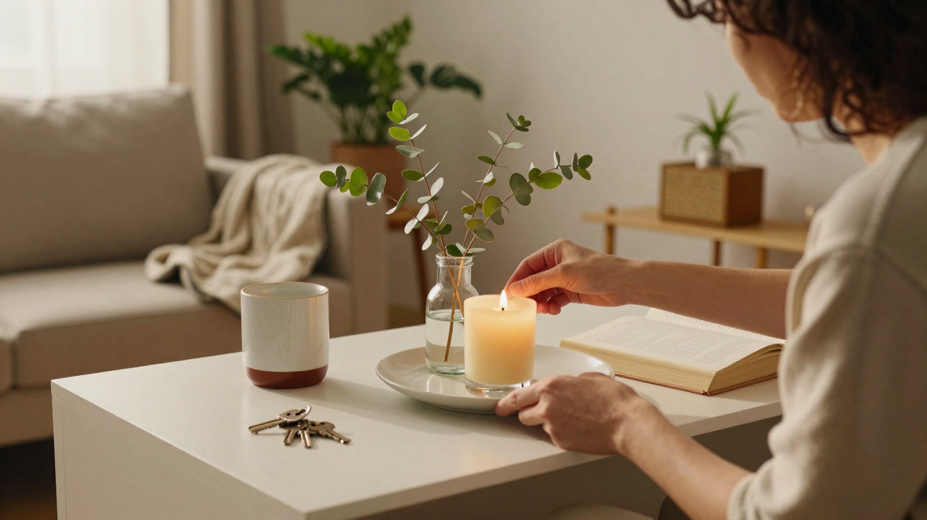 Person lighting a candle on a white table with a plant, mug, keys, and an open book in a cosy living room.