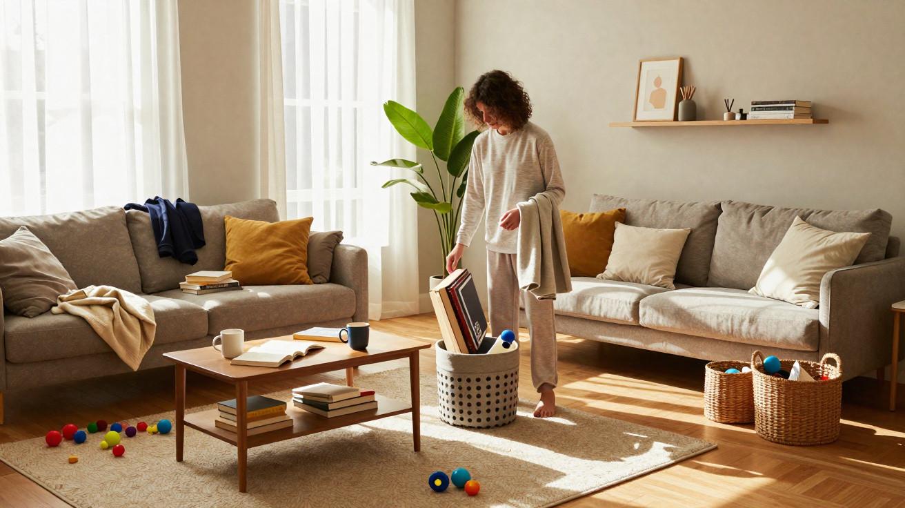 Person tidying a sunlit living room with toys on the floor and books in a basket between two sofas