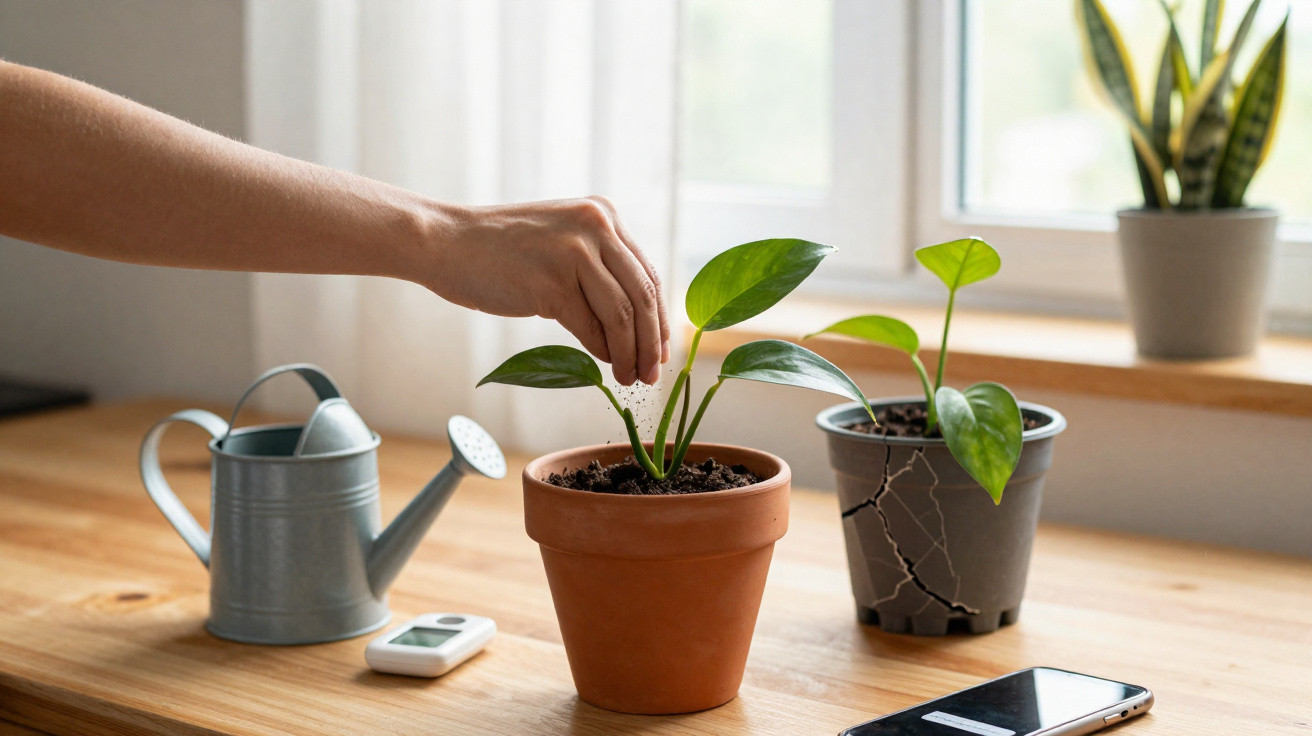 Hand sprinkling soil on a small green plant in a terracotta pot on a wooden table by a window.