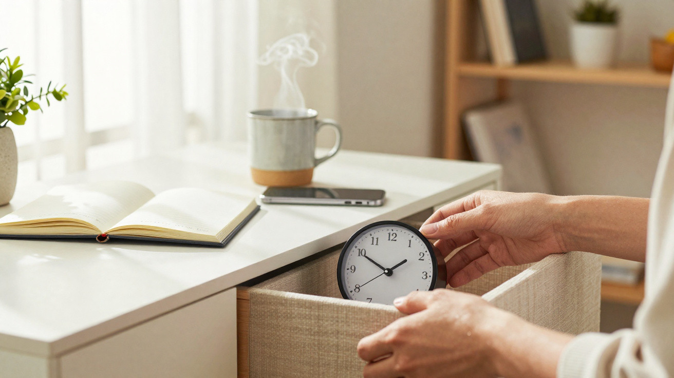 Person placing a small black clock into a beige drawer beside a desk with a book, phone, steaming mug, and plant.